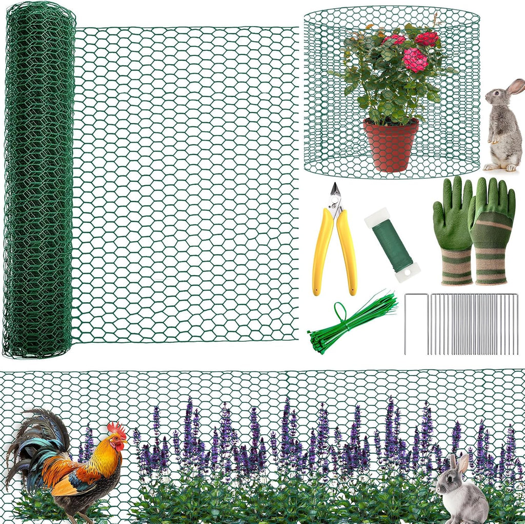 All-in-One 400 Inch Plant Protectors from Animals Kit - 0.85mm Heavy Duty Chicken Wire Cloche,Free-Cut Wire Mesh Roll Includes Pliers, Gloves, Ties, Stakes for Custom Outdoor Cages (16 * 400 Inch)