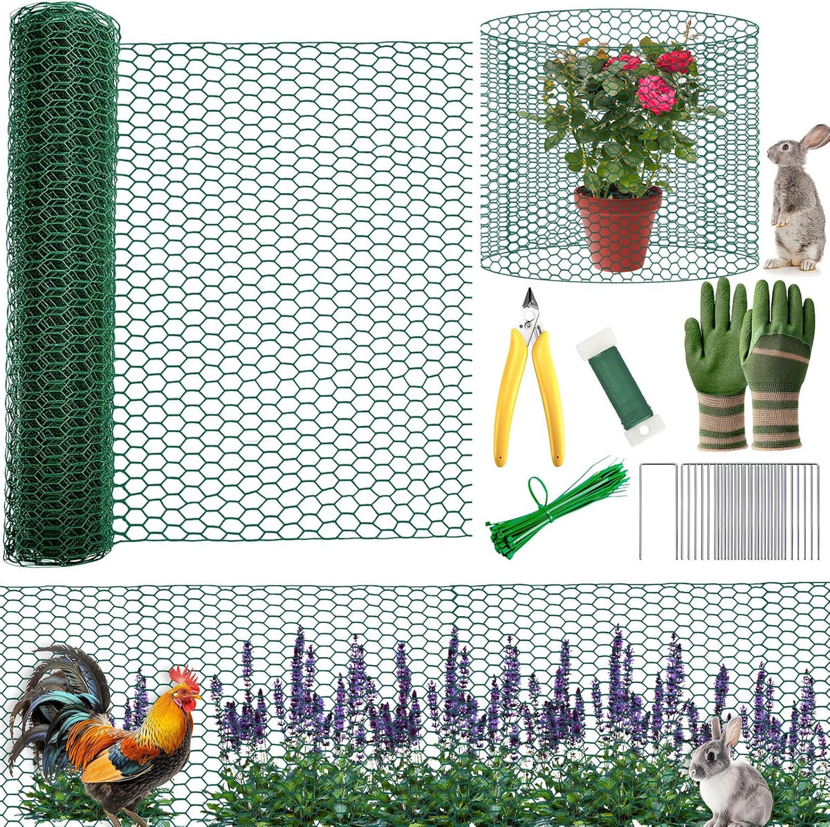 All-in-One 400 Inch Plant Protectors from Animals Kit - 0.85mm Heavy Duty Chicken Wire Cloche,Free-Cut Wire Mesh Roll Includes Pliers, Gloves, Ties, Stakes for Custom Outdoor Cages (16 * 400 Inch)