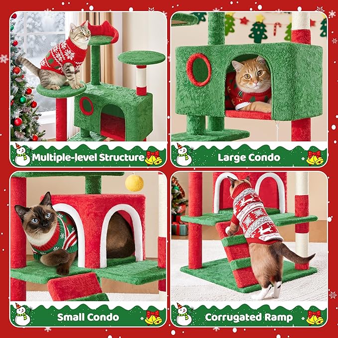 Yaheetech 54in Christmas Cat Tree, 2 Cozy Caves, Scratching Posts, Climbing - Image 4