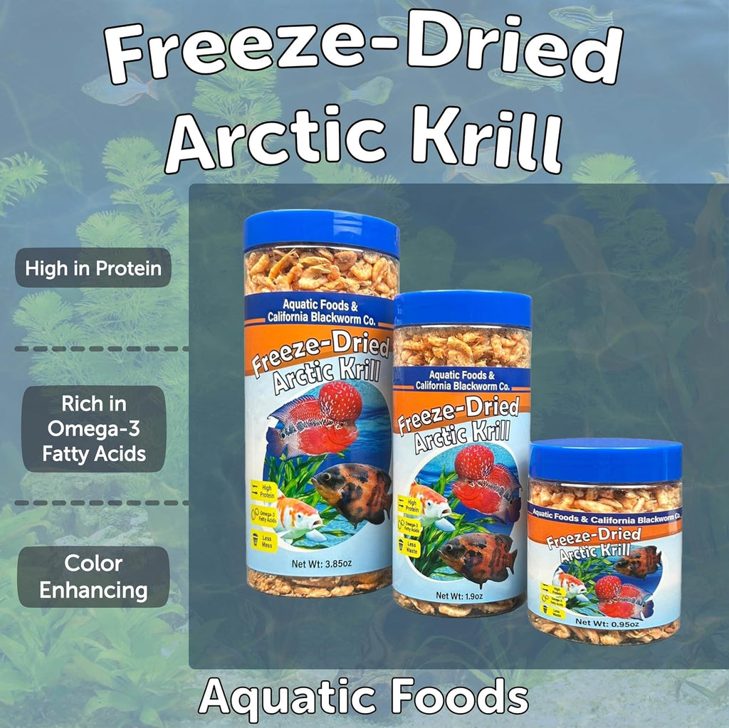 Arctic Krill, Freeze Dried Krill, High in Natural Color Enhancing for Large Cichlids, Tropical Fish, Koi, Turtles, 12-Type Pellet Mix & 4-Type Wafer Mix Included 0.95oz Canister