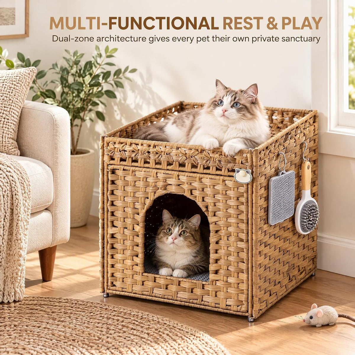 Cat Litter Box Enclosure, Extra Large Hidden PE Rattan Natural,Spacious Double Door PE Rattan Cat Washroom Bench, Side Table Look, Metal Frame