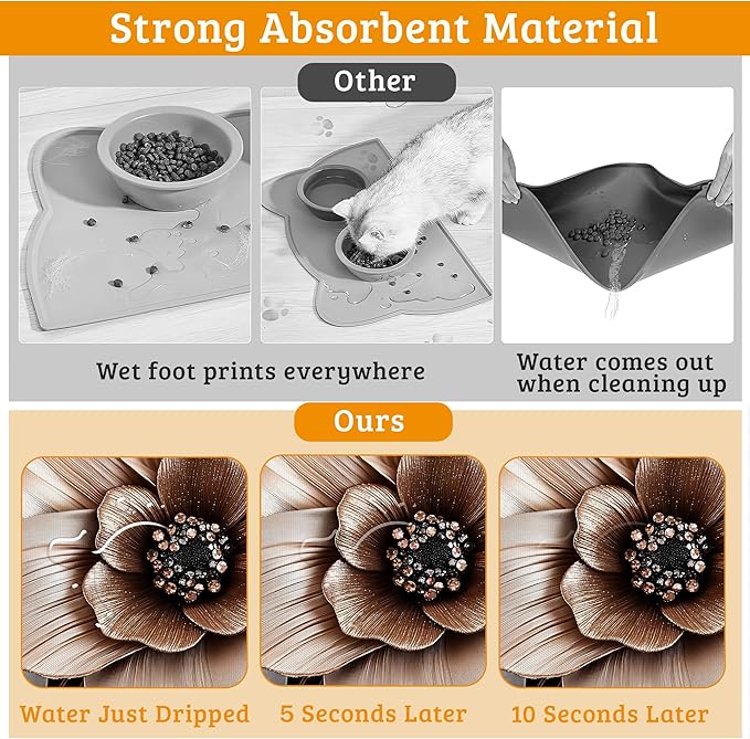 Black Brown Flower Feeding Mat, Artistic Absorbent Quick-Dry Cat Dog Food and - Image 3
