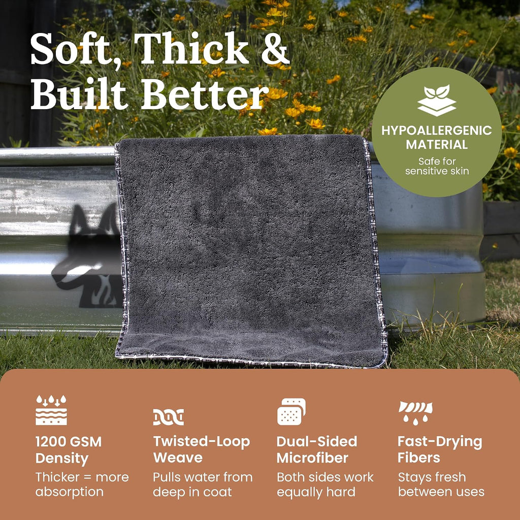 Dog Drying Towel for Dogs – Extra Large 24" x 35" Microfiber Dog Bath Towel, 1200 GSM Twisted Loop, Ultra Absorbent, Edgeless, Quick Dry for Bath, Beach & Travel, Gray