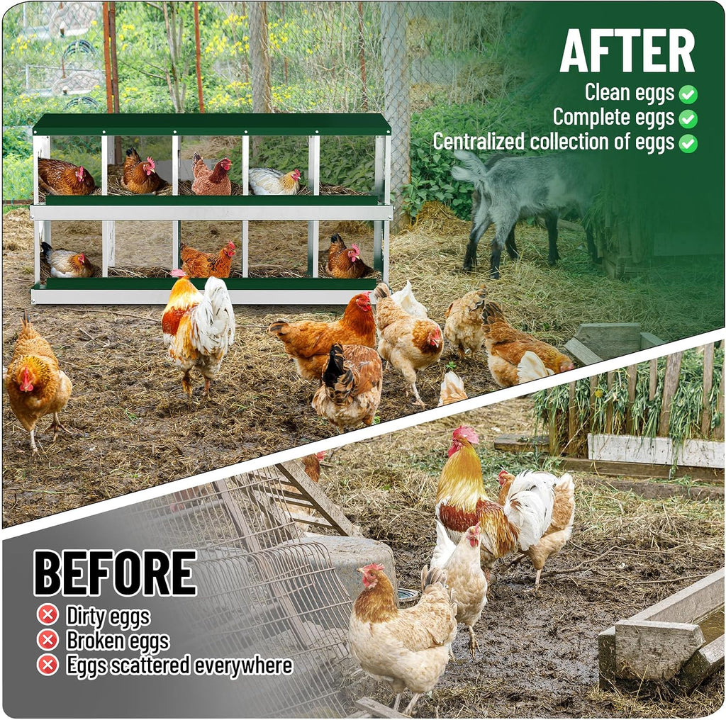 Chicken Nesting Boxes, 10 Compartments Nesting Boxes, Metal Chicken Laying Box with Roll Out Egg Collection with Vented Holes for Hens, Green