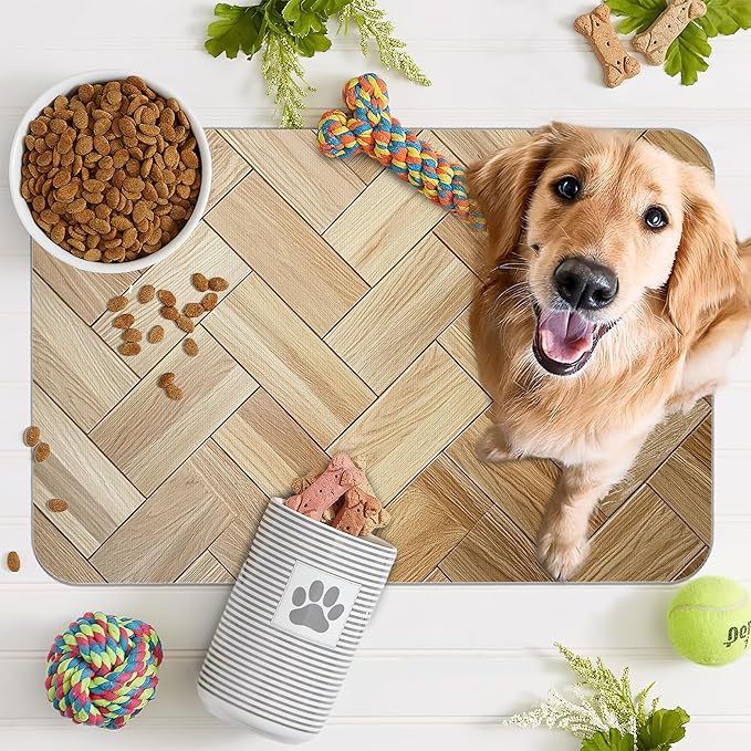 Vintage Wooden Dog Cat Food Mat, Boho Absorbent Pet Feeding Mat - Image 7