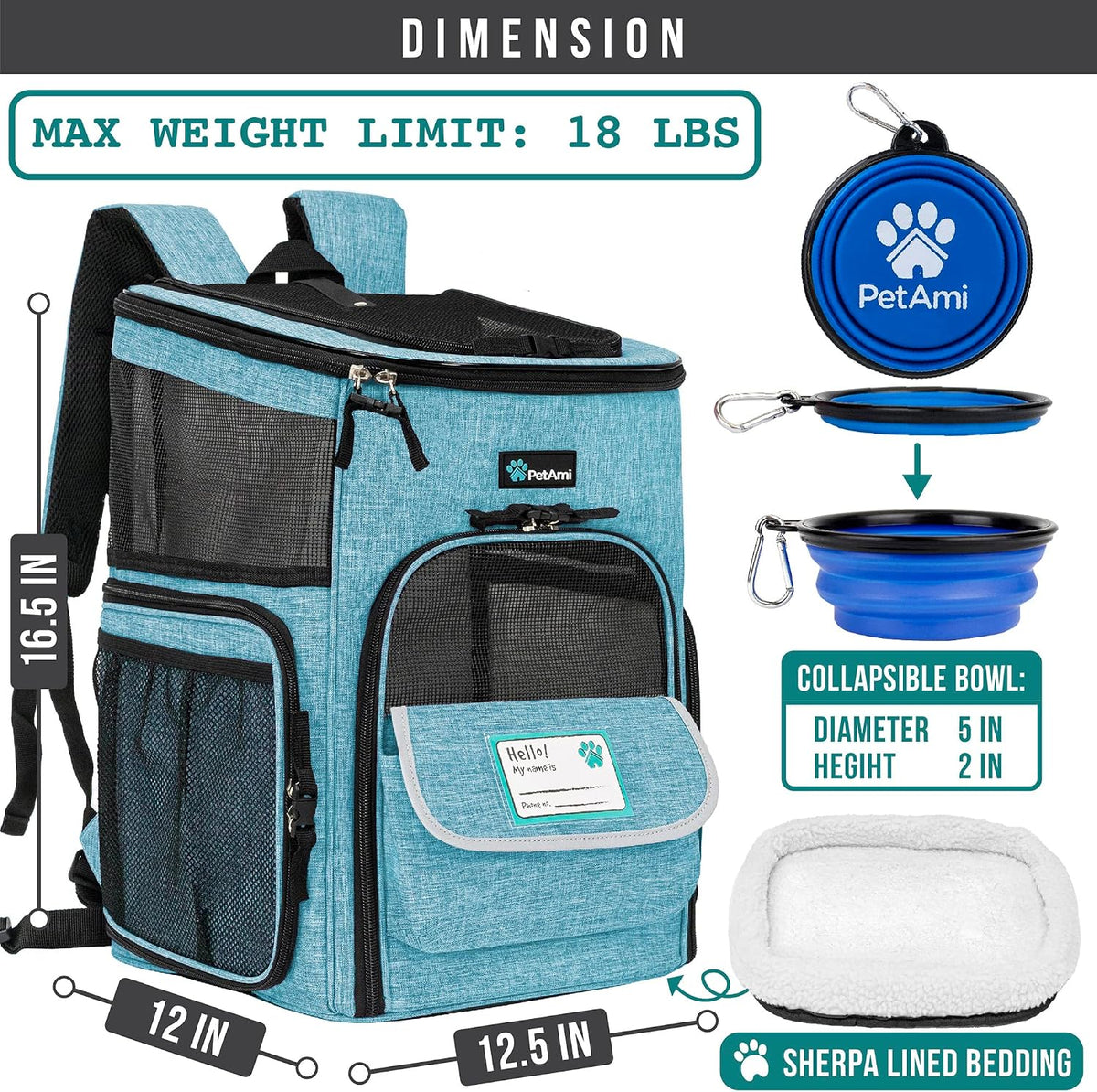 PetAmi Dog Backpack Carrier, Airline Approved 4-Way Entry Cat Bag, Teal