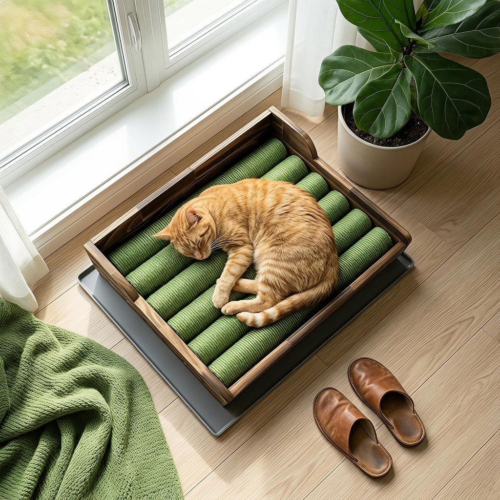 Cat Litter Box Step, 3‑in‑1 Cat Scratch Post,Cat Bed Scratcher (Natural)