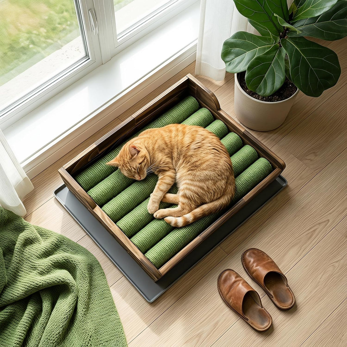 Cat Litter Box Step, 3‑in‑1 Cat Scratch Post,Cat Bed Scratcher (Natural)