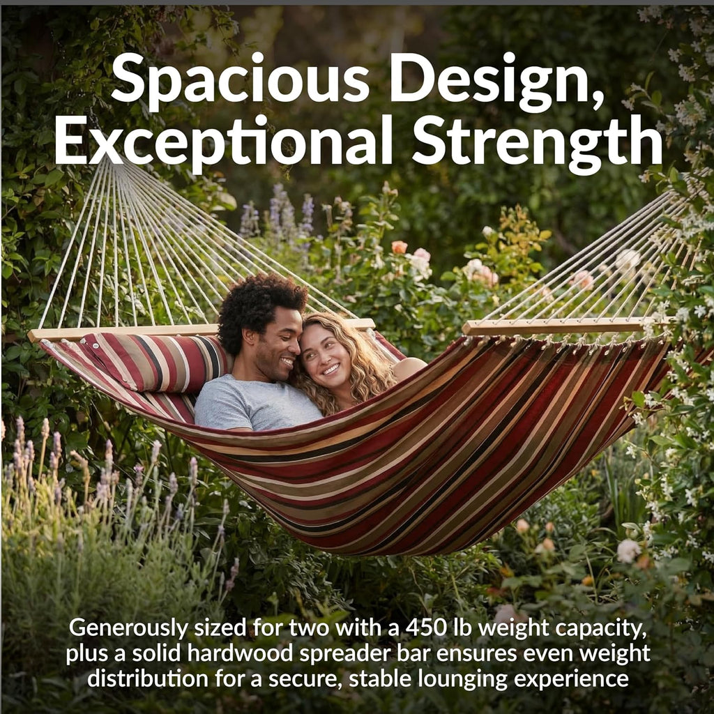 Sunnydaze Quilted Double Hammock for Outside with Pillow, Awning Stripe