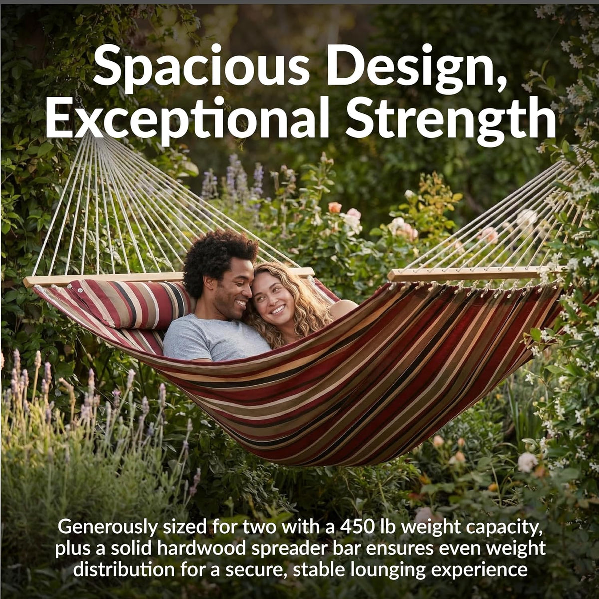 Sunnydaze Quilted Double Hammock for Outside with Pillow, Awning Stripe