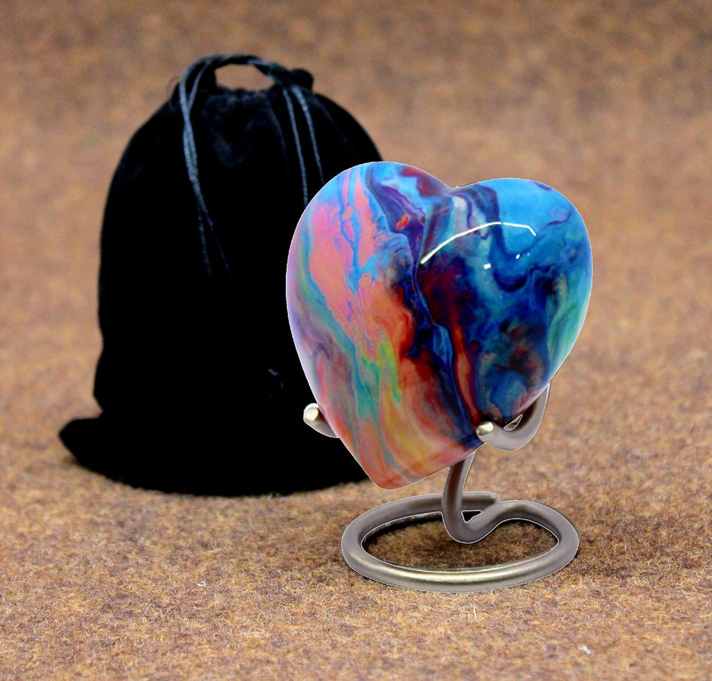 eSplanade Metal Mini Cremation Urn Heart-Shaped Keepsake Memorial Jar Pot Container | Small Urn for Funeral Ashes Burial | Wave Textured Metal Keepsake with Stand | Multicolor - 2.75" Inches