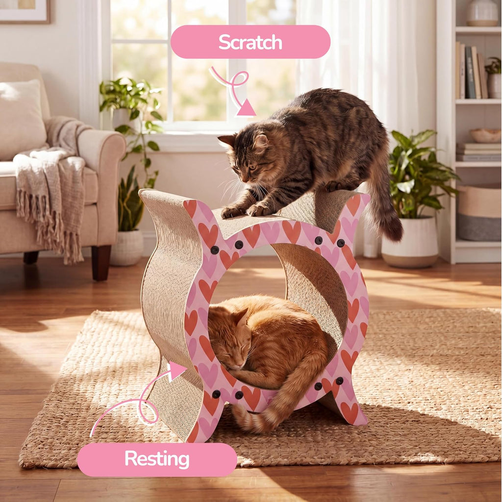 16.5" Nyan Modern Heart Pattern Cardboard Tunnel Cat Scratcher with Catnip, Durable Corrugated Indoor Hideaway Den and House to Protect Furniture, Sanctuary, Pink/Red CSR1007C