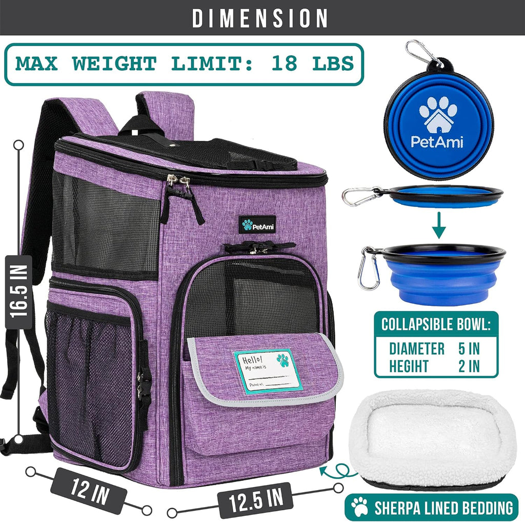 PetAmi Dog Backpack Carrier, Airline Approved 4-Way Entry Cat Bag, Purple