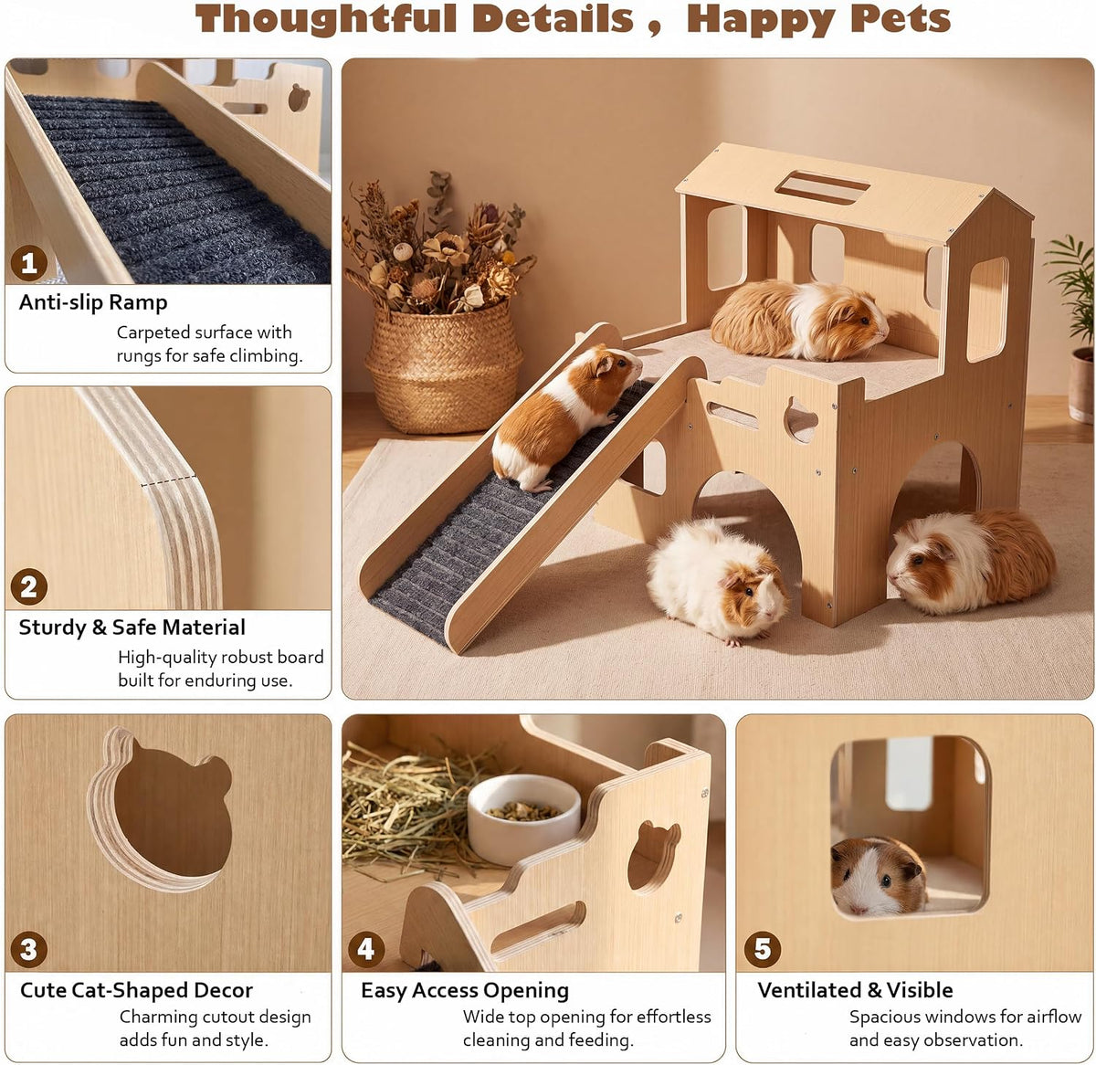 Guinea Pig Hideout with Ramp,2-Level Wooden Guinea Pig House for Small Pets