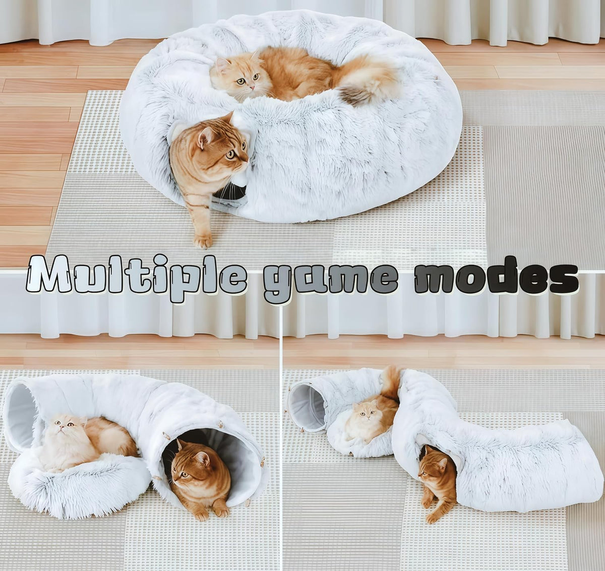 Large Cat Tunnel Bed for Indoor Cats with Hanging Pompom Toys