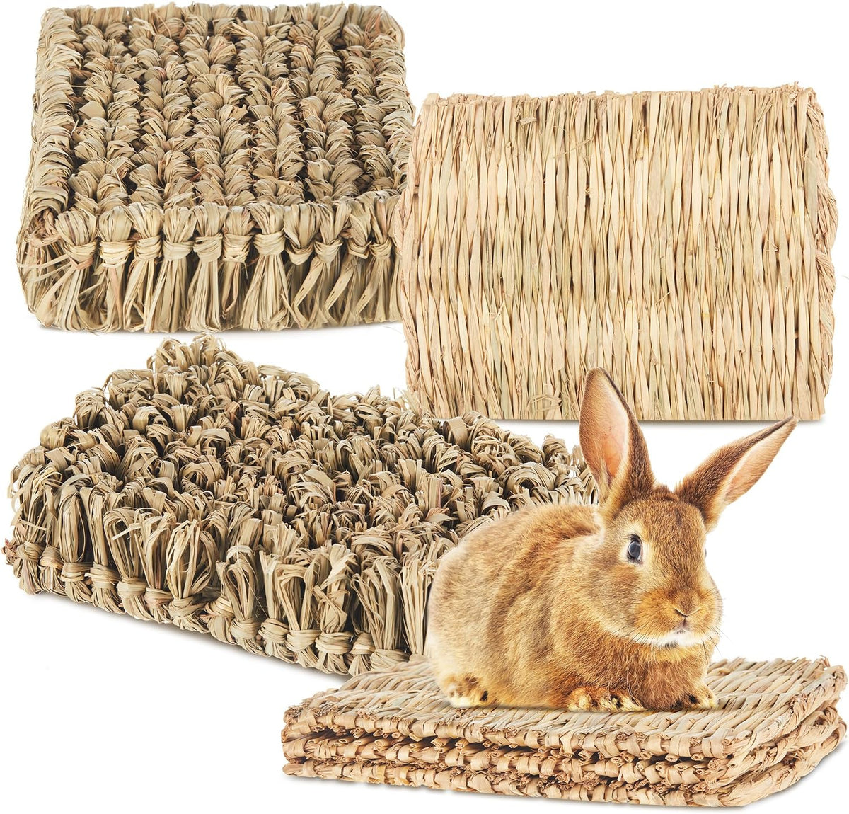 Blulu 4 Pcs Rabbit Grass Bed Rabbit Mats Guinea Pig Hamster Bedding Hay Bunny Natural Straw Woven Bed Handmade Bedding Sleeping Grinding Nesting and Chewing for Chinchilla Hedgehog Small Animal