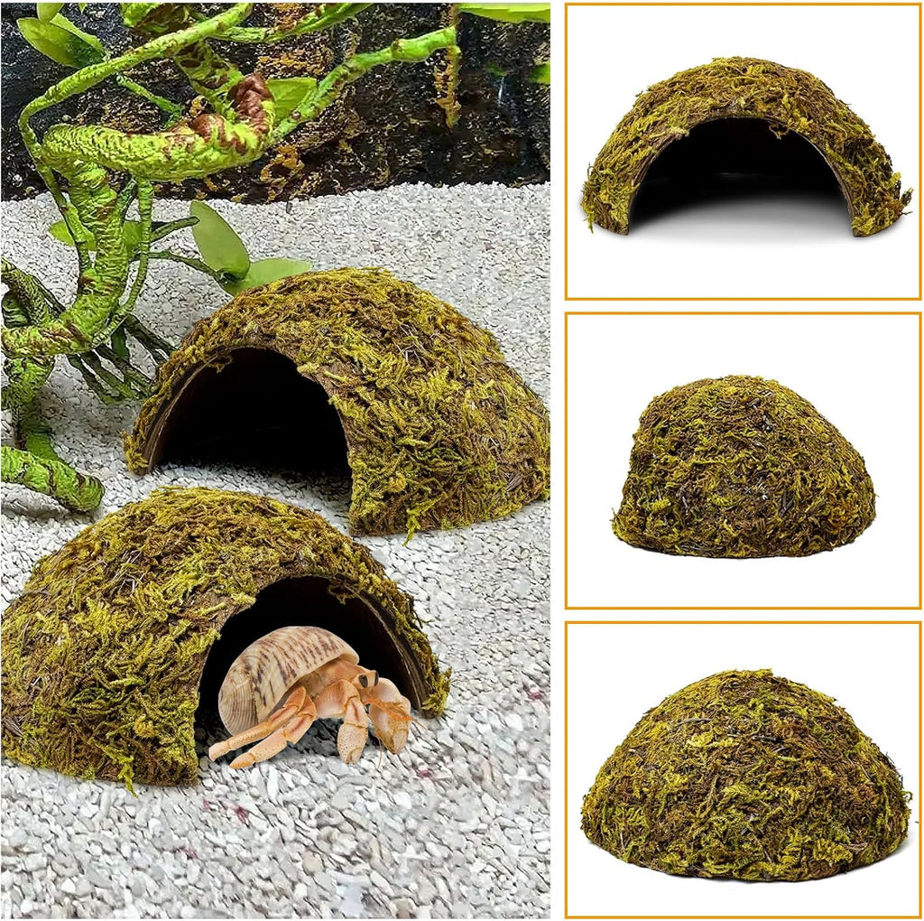 4 Pack Natural Green Moss Hermit Crab Hide Caves Coconut Reptile Hideouts