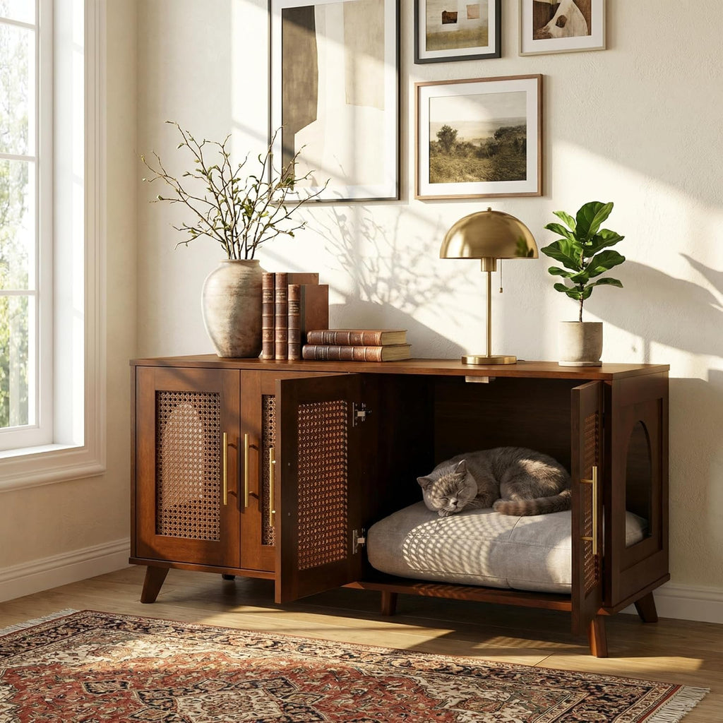 Christopher Knight Home Conmeo Cat Litter Box Enclosure with Plush Cushion, Rubber Wood Hidden Litter Box Cabinet with Breathable Rattan Mesh Doors, Indoor Pet House, Functional Sideboard, Walnut