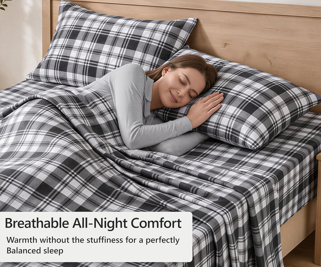 ZOYER 100% Cotton Flannel Sheets Queen Size 4 Pcs Set, Carbon Grey Plaid