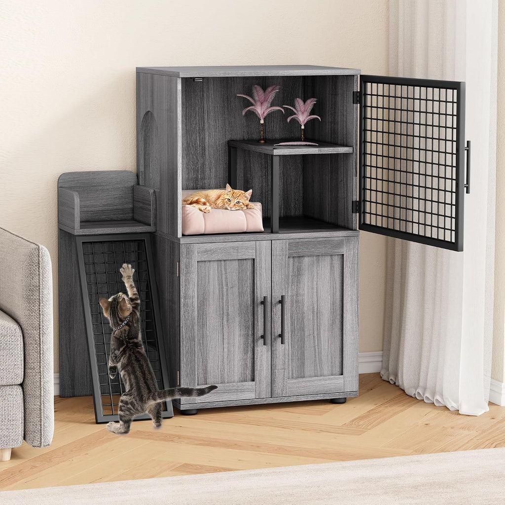 Double-Tier Cat Litter Box Enclosure with Ladder, Hidden Litter Box Furniture Cabinet, Multi-Level Cat House with Entertainment Platform for Large Litter Boxes, Living Roo – Wax Wood Color
