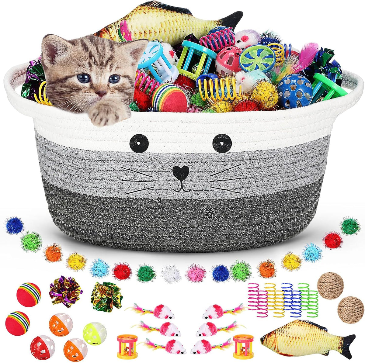 Zopeal 58 Pcs Cat Toy Set with Storage Basket Indoor, Multicolor, 12 Inch