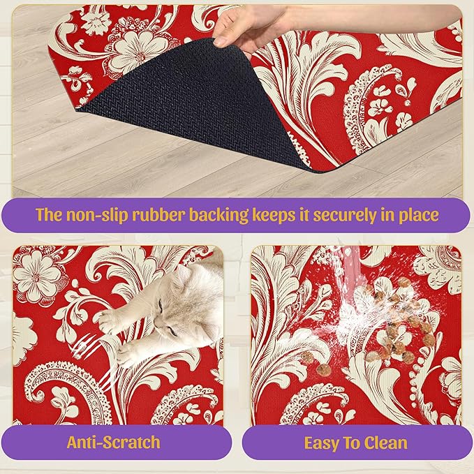 Red White Paisley Pet Food Mat, Absorbent Feeding Pad - Image 6