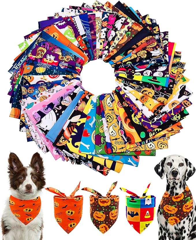 PET SHOW 50 Pack Halloween Big Dog Bandanas Bulk XL Washable Triangle Bibs by PETSHOW