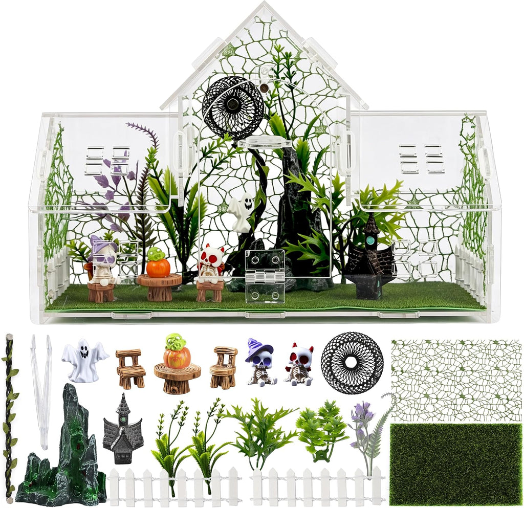 20-Piece Jumping Spider Enclosure Kit, Acrylic Terrarium with 360° View & Magnetic Doors, Complete Accessories Set for Tarantula, Mantis, Small Reptiles, 11.8" L x 4.5" W x 8" H