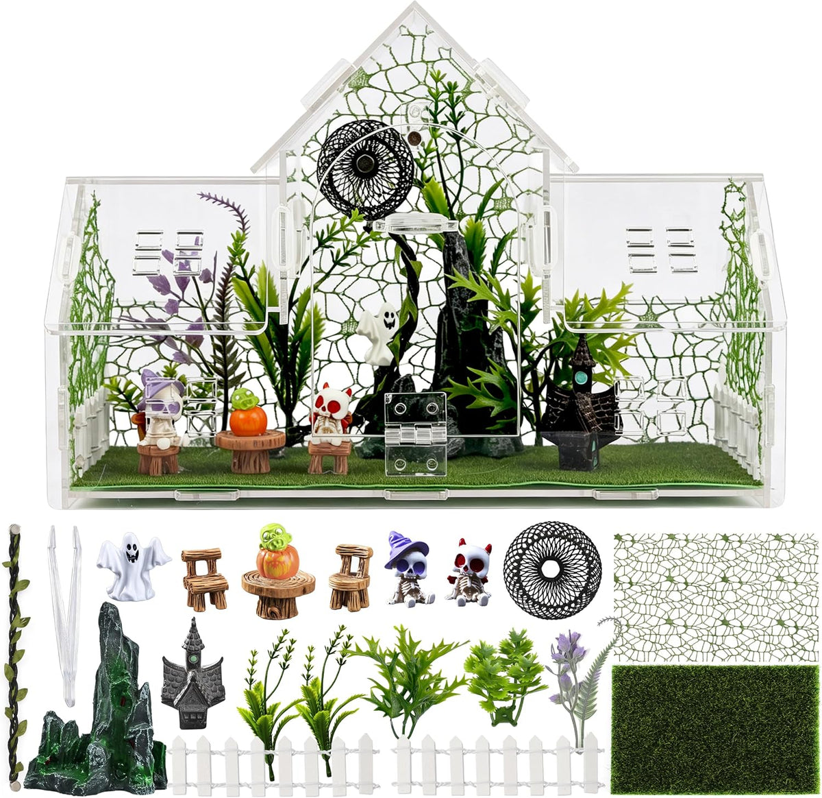 20-Piece Jumping Spider Enclosure Kit, Acrylic Terrarium with 360° View & Magnetic Doors, Complete Accessories Set for Tarantula, Mantis, Small Reptiles, 11.8" L x 4.5" W x 8" H