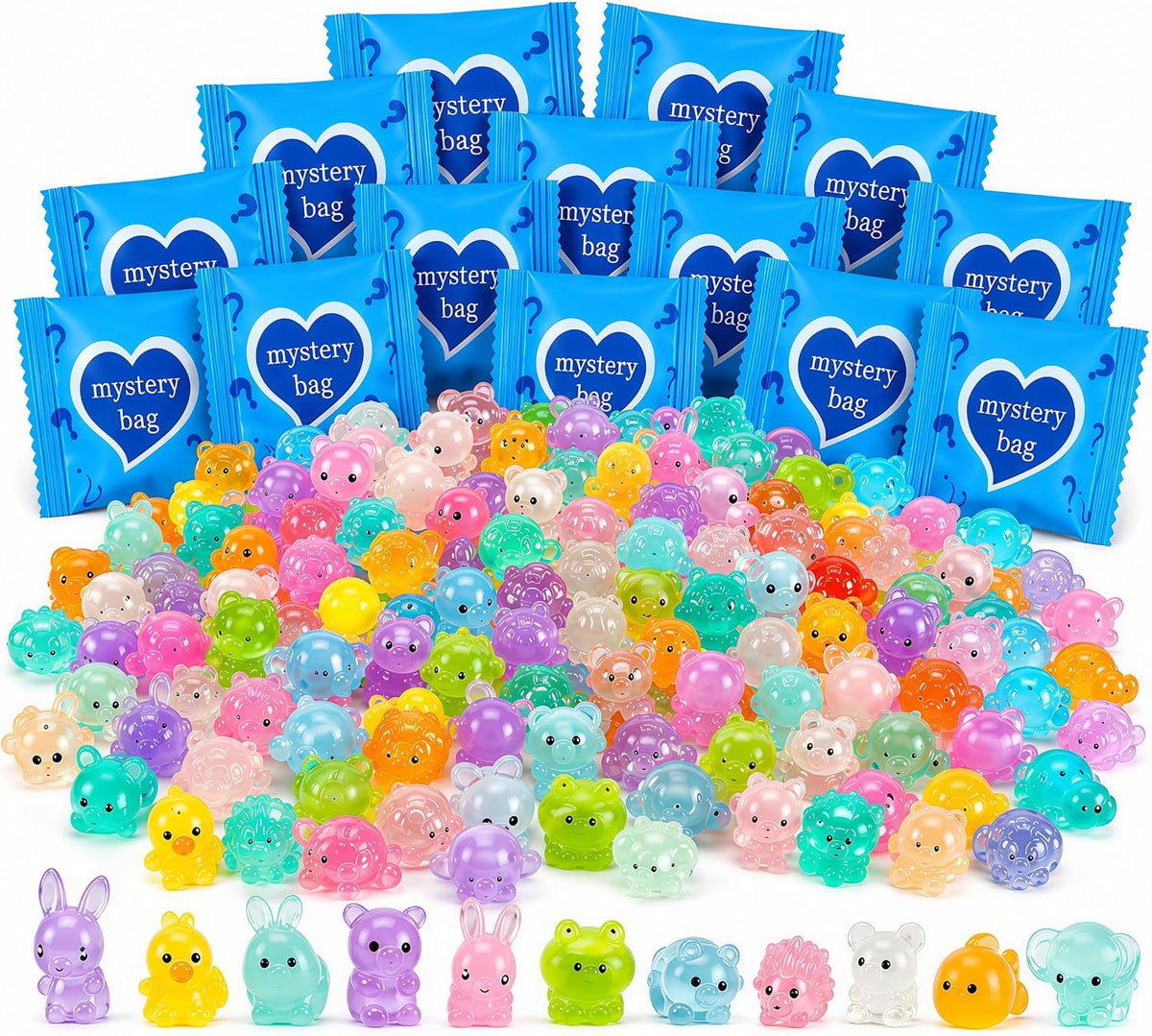 150 Pcs Resin Animals Mystery Bags, Mini Glow-in-the-Dark Animals, Individually Wrapped Tiny Figurines for Fairy Garden, Aquarium, Potted Decor, DIY Craft Display, Compact Assortment