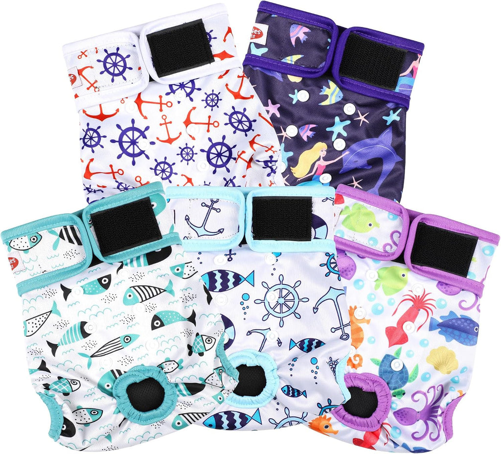 5 Pack Reusable Diapers for Doggie, Washable Dog Diapers Female for Pet in Heat, Small Dog Diapers Female, Ocean