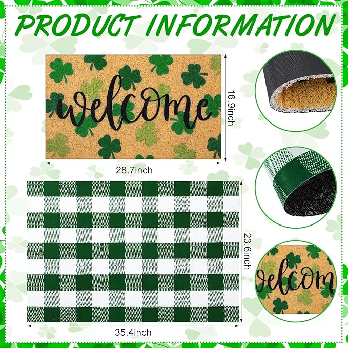 Tinideya 2 Pcs St. Patrick Day Door Mat Welcome Non Slip Coir Mats Clover - Image 3