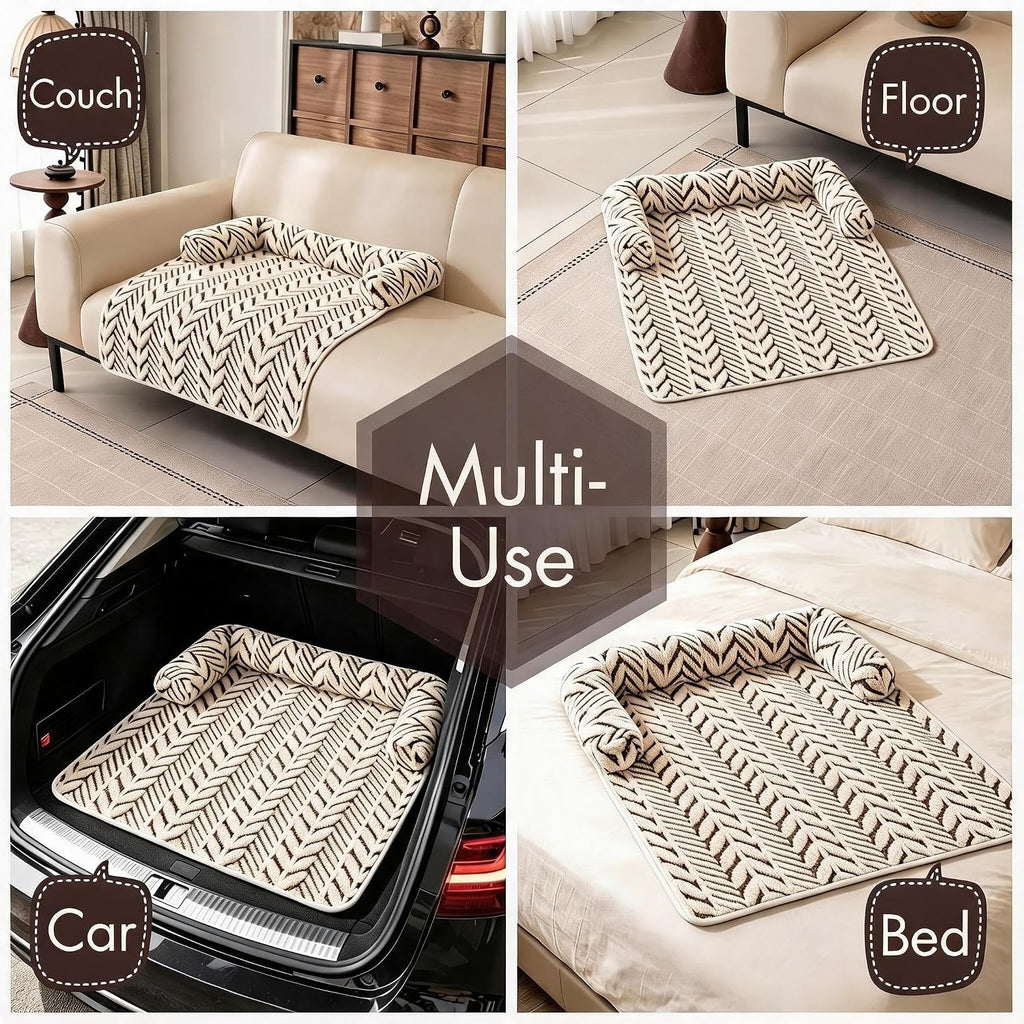Calming Dog Couch Bed Mats with Neck and Head Support, Fluffy Plush Pet Sofa Cover for Small Medium Dogs and Cats, Non-Slip Bottom, Machine Washable