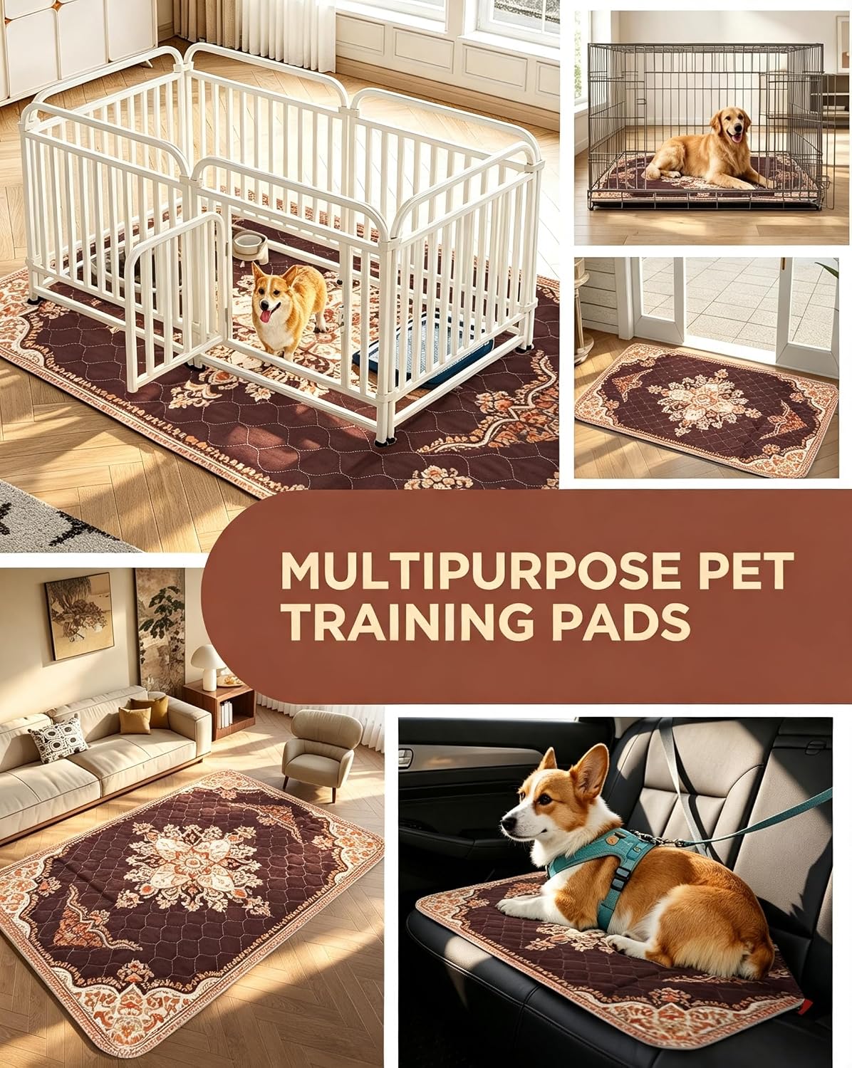 Washable Pee Pads for Dogs 24" x 36" - 2 Pack, Brown, Stylish Reusable Puppy Training Pads - 100% Waterproof & Leak-Proof & Non-Slip, Potty Pads for Whelping, Crate, Floor