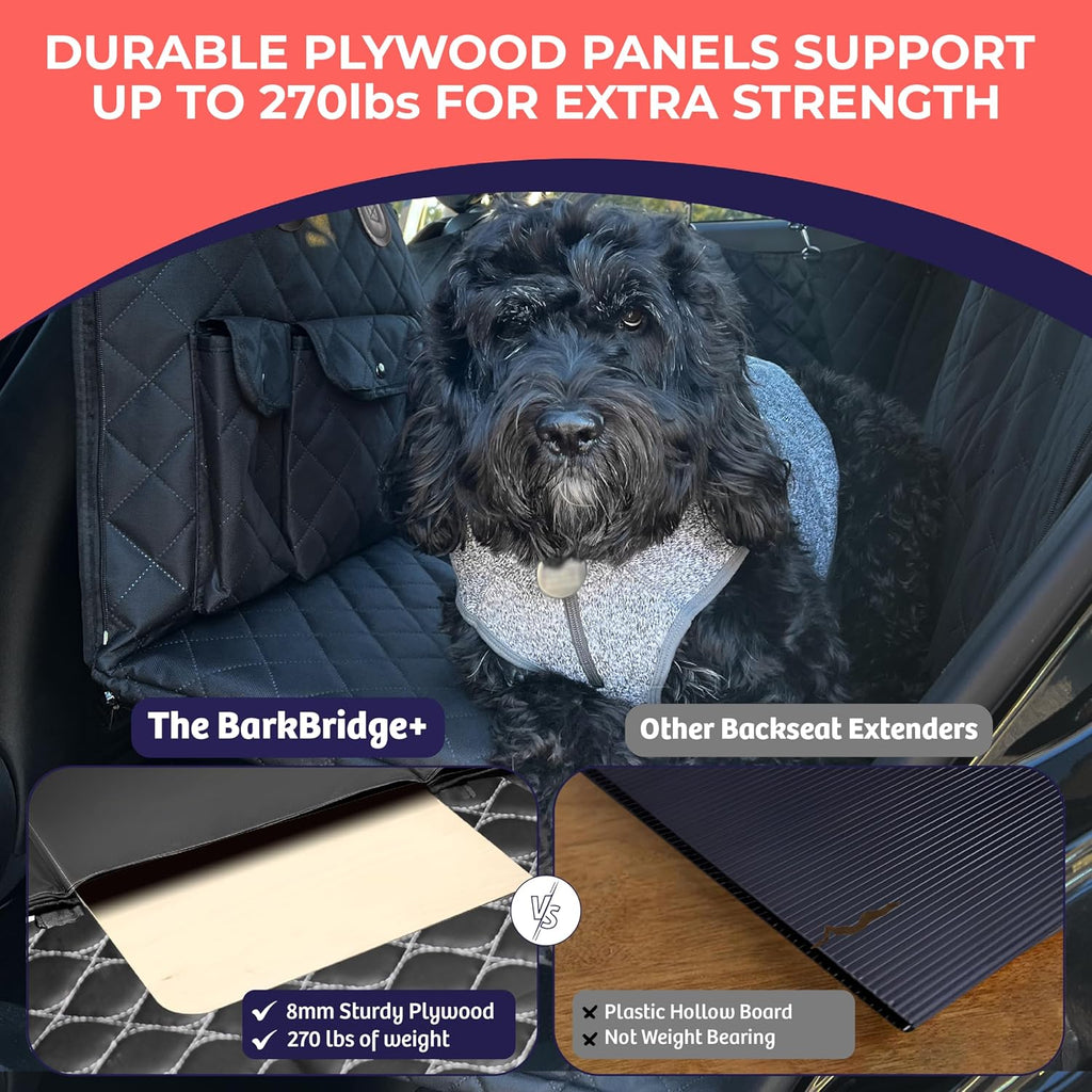 BarkBridge+ Backseat Extender for Dogs - Hard-Bottom Waterproof Back Seat Bridge for Cars, Trucks & SUVs - Dog Hammock with Storage Pockets - Dog Rear Car Seat Cover with Door Covers