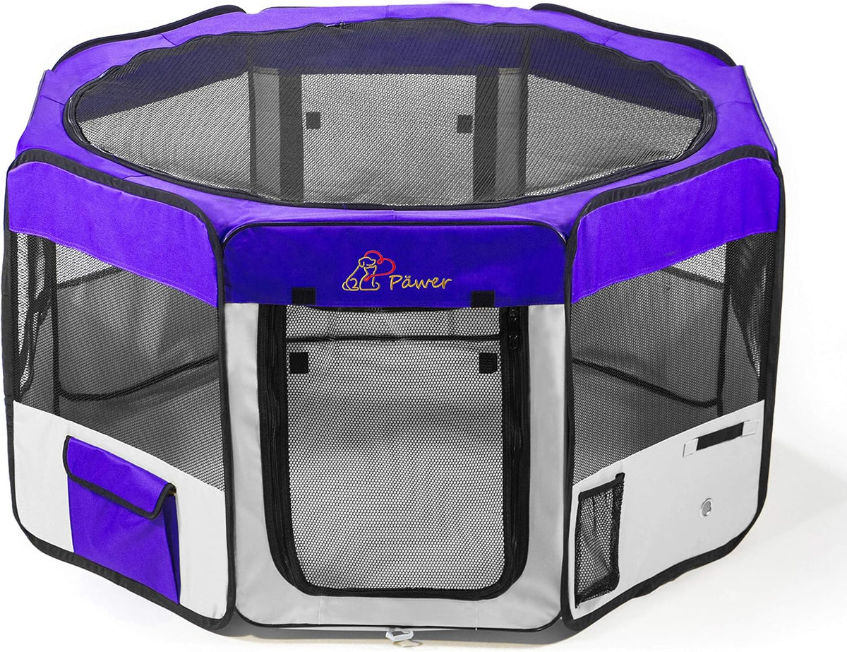 Pawer 36”×18.5” 8-Panel Foldable Pet Playpen, Violet+Grey, Personalize Embroidery Extra Fabric Piece Available, for Cat/Dog/Puppy, 600D Oxford Cloth Portable Indoor & Outdoor Kennel with Carry Bag