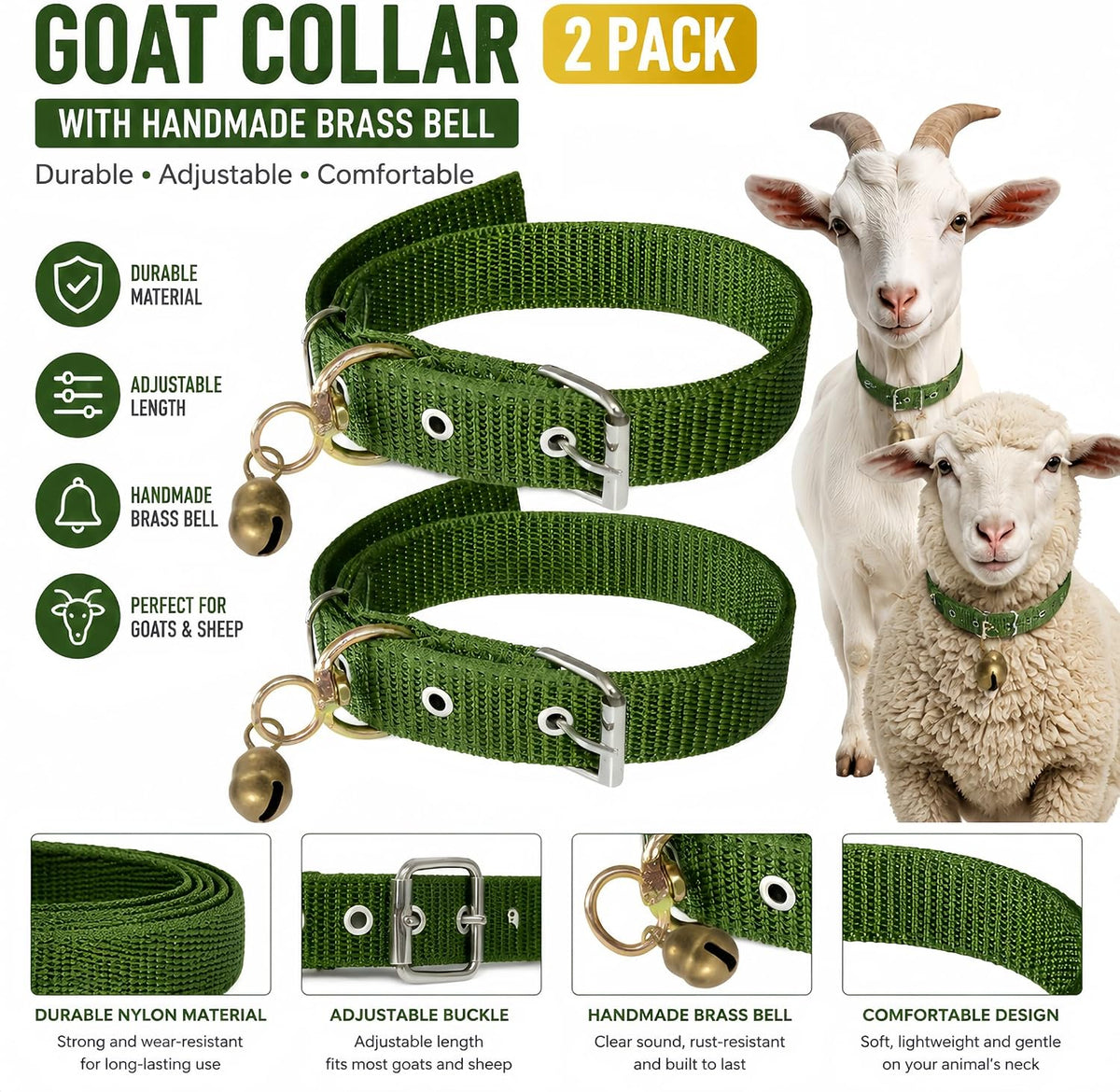 2 Pack Goat Collar with Bell, Adjustable Nylon Sheep Collar, Heavy Duty
