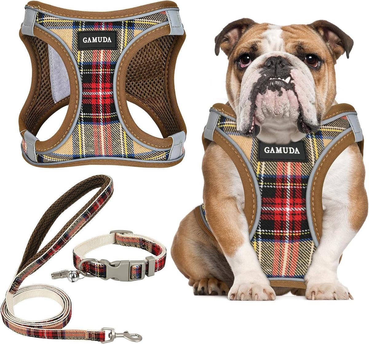 GAMUDA Small Pet Harness Collar and Leash Set, Step in No Chock No Pull Soft Mesh Adjustable Dog Vest Harnesses Plaid Reflective for Dogs Puppy Cats Kitten Rabbit (Green, L)