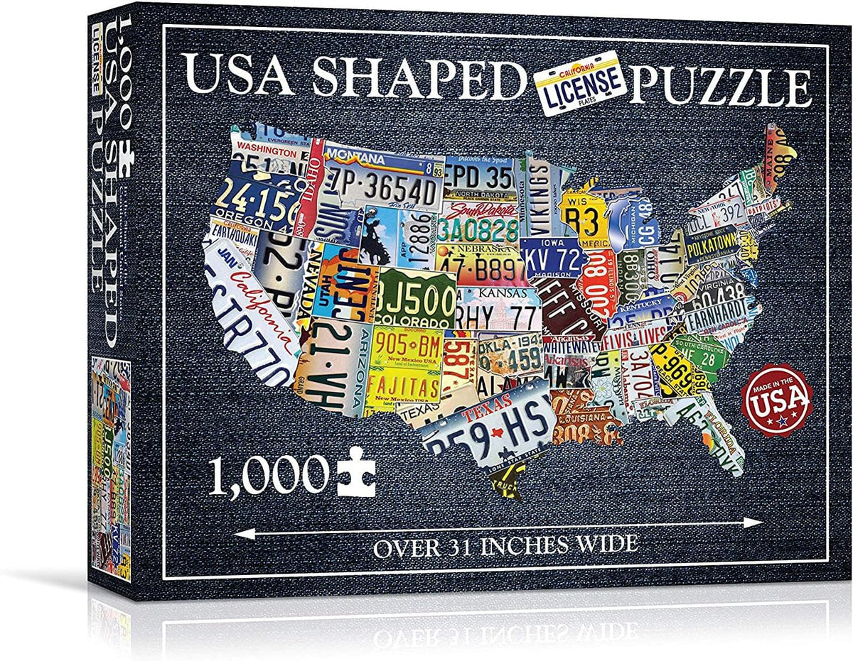 TDC Games USA-Shaped 1000-Piece Puzzle - Large Challenging Map with License Plate Art, Perfect for Game Night, House Party & Travel