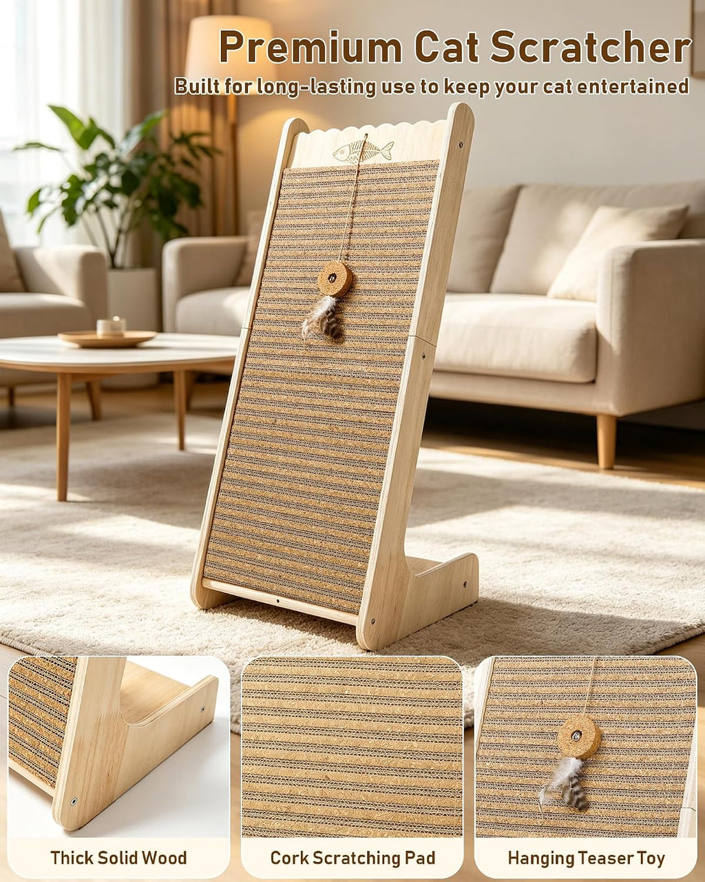 L-Shaped Cork Cat Scratcher, Vertical Scratching Post for Indoor Cats