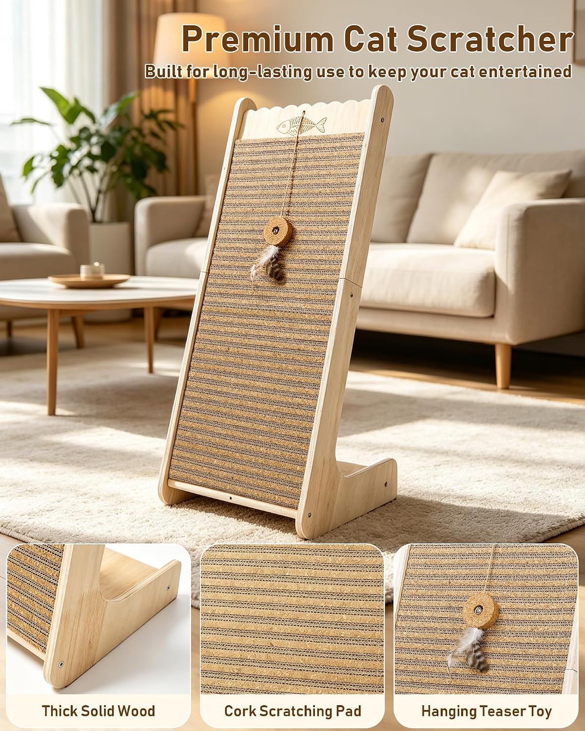 L-Shaped Cork Cat Scratcher, Vertical Scratching Post for Indoor Cats