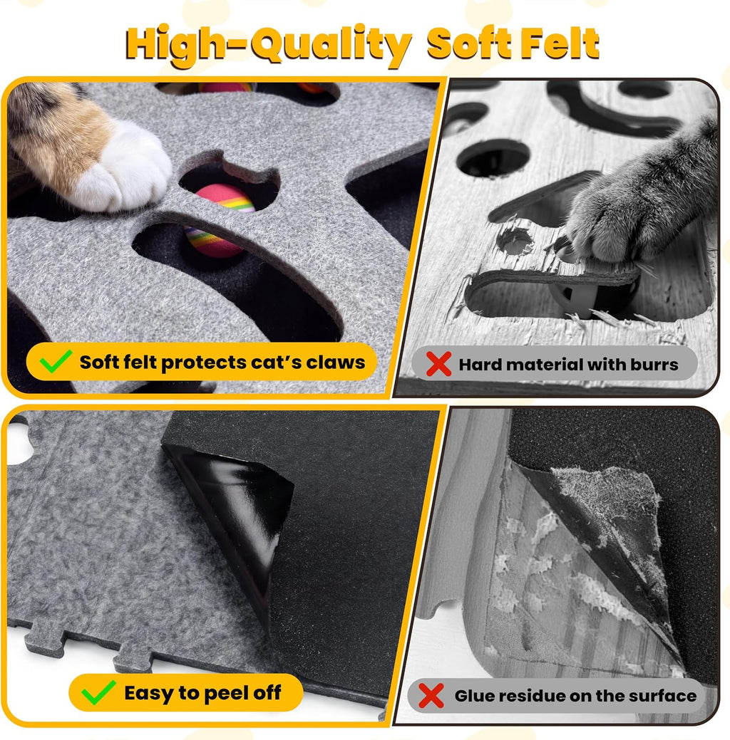 5-in-1 cat nail file scratcher Enrichment Box - interactive cat toys for indoor cats, Large felt cat puzzle feeder with replaceable sandpaper, Includes 6 balls ,4 spring toys,and feather toy(grey)