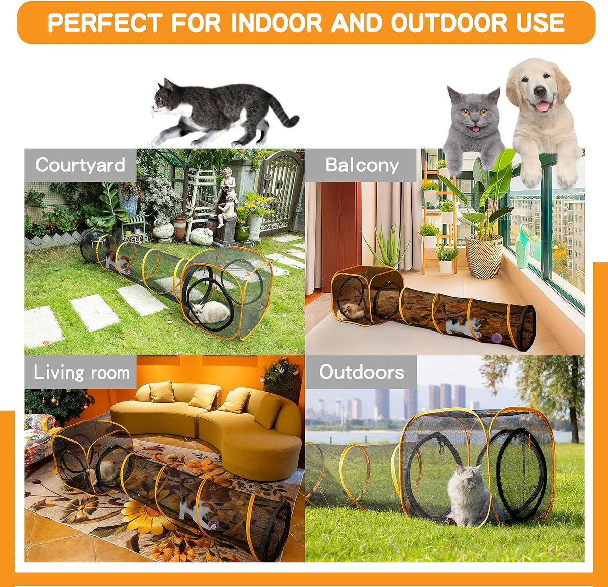 Cat Play Tunnel + Cube(with Three Ways) for Indoor and Outdoor, Cat Playpen, Play Enclosures, Collapsible Cube, Tunnel, Easy to Connect with Tent