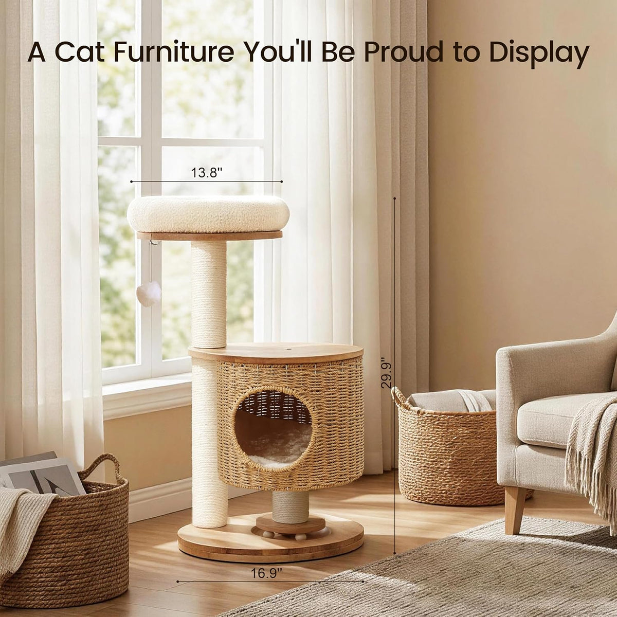 Zonoria 30-Inch Solid Wood Cat Tree Tower for Small to Medium Cats
