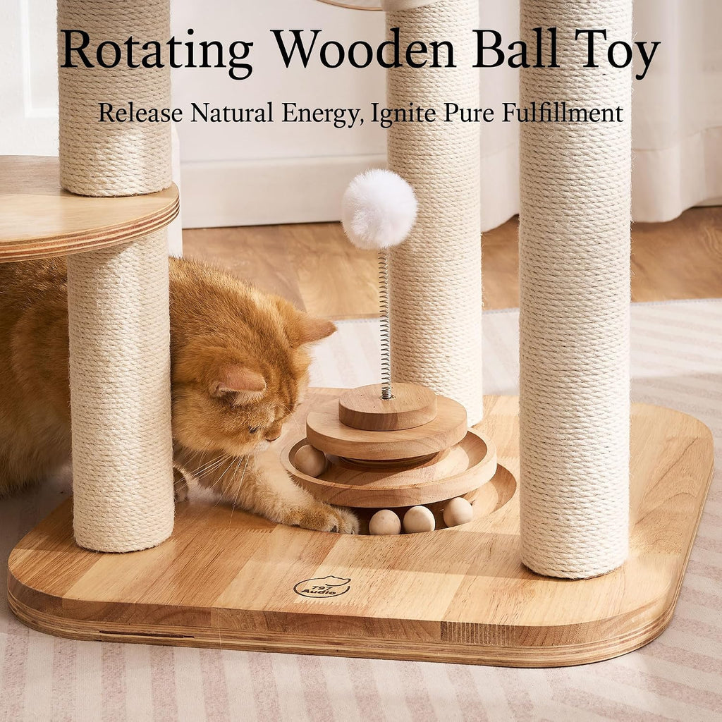 797Audio Modern Solid Wood Cat Tree Tower, 49" Tall Cat Tree with Sisal Scratching Posts and Capsule for Adult Cats, Natural Oak Wooden Cat Tower,Aesthetic Multi-Level Cat Climbing Tree for Indoor Cat