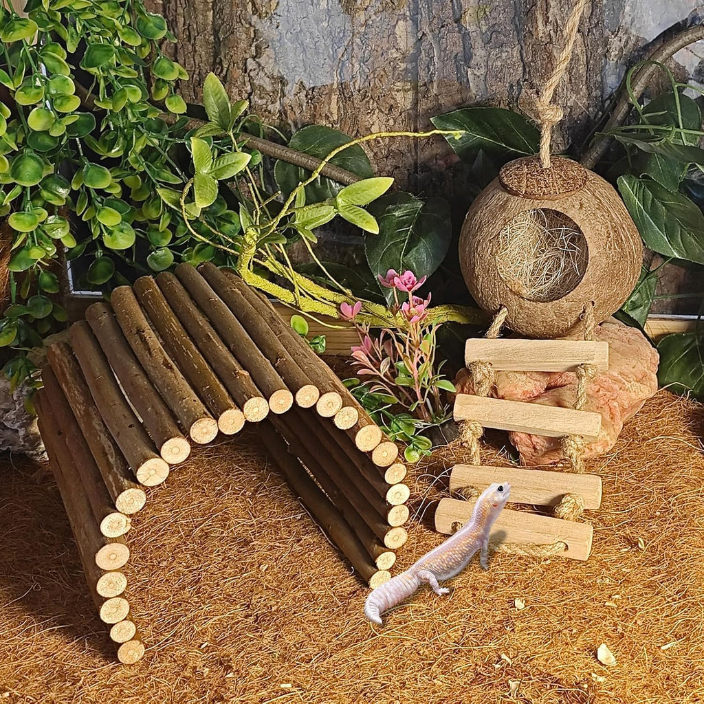 9PCS Crested Gecko Tank Accessories,Reptile Plants Vine Decor Coconut Hide