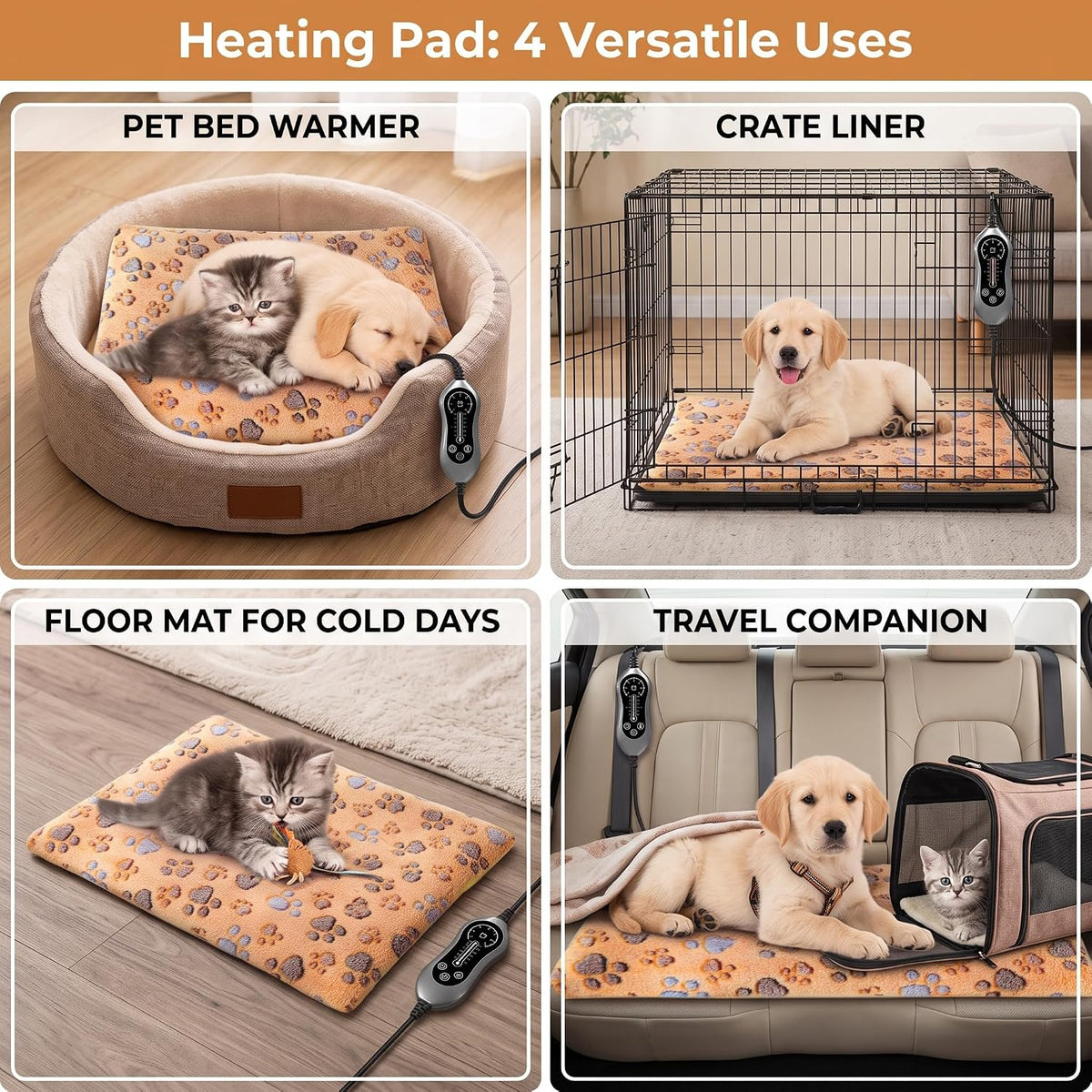 Heated Cat Bed Pet Heating Pad for Cats Dogs w Adjustable Temp & Timer