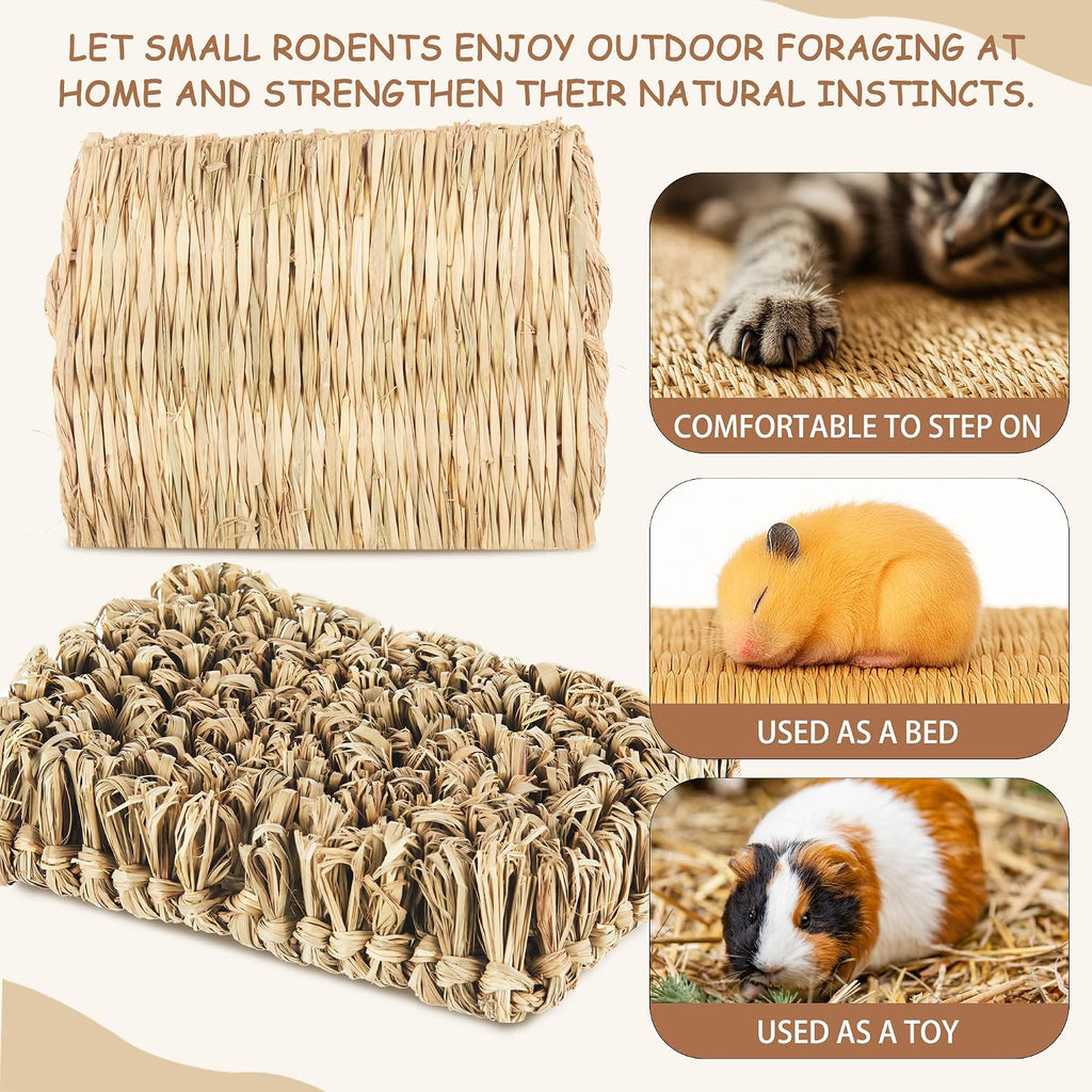 Blulu 4 Pcs Rabbit Grass Bed Rabbit Mats Guinea Pig Hamster Bedding Hay Bunny Natural Straw Woven Bed Handmade Bedding Sleeping Grinding Nesting and Chewing for Chinchilla Hedgehog Small Animal