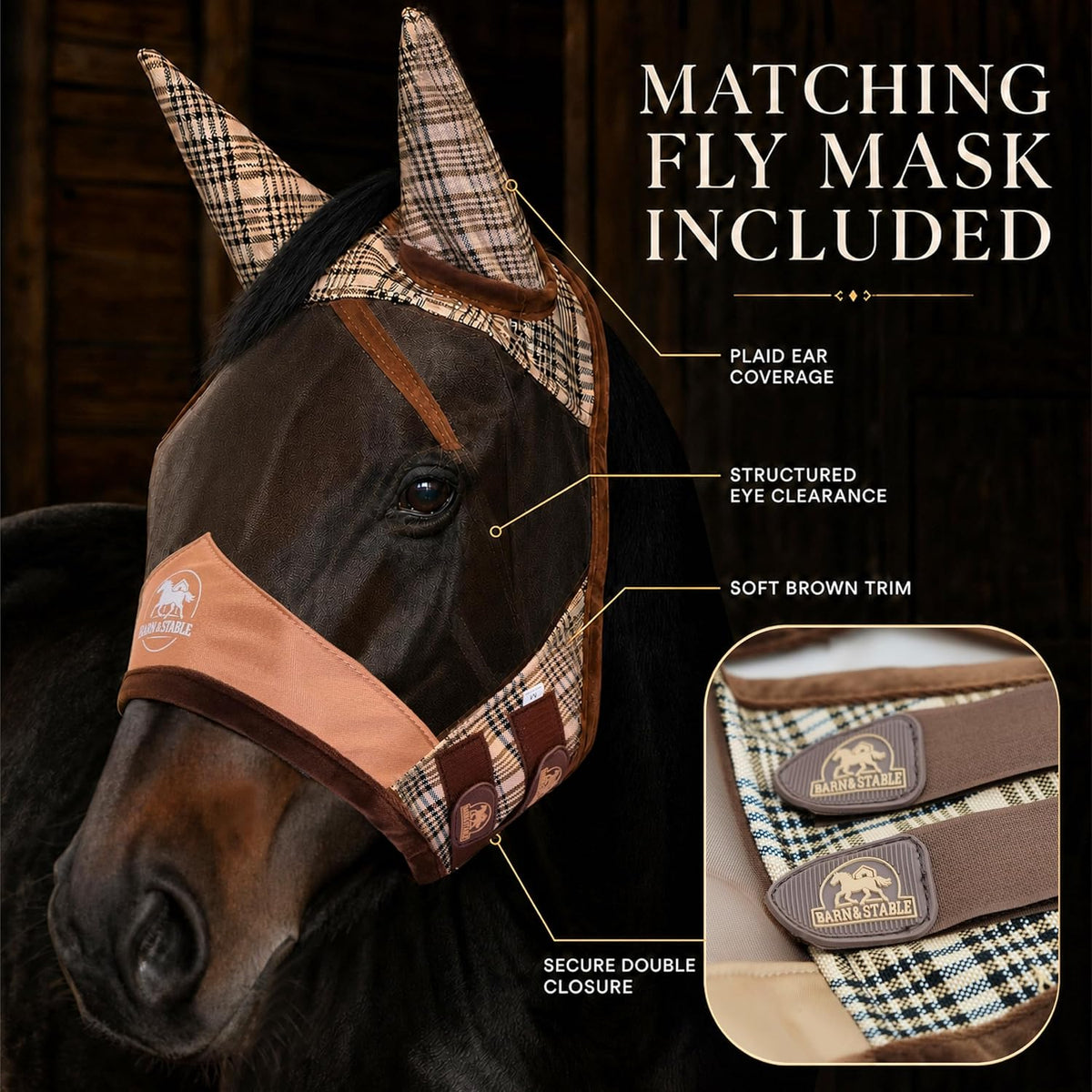 BARN & STABLE Cotton-Poly Plaid Horse Stable Blanket with Horse Mask