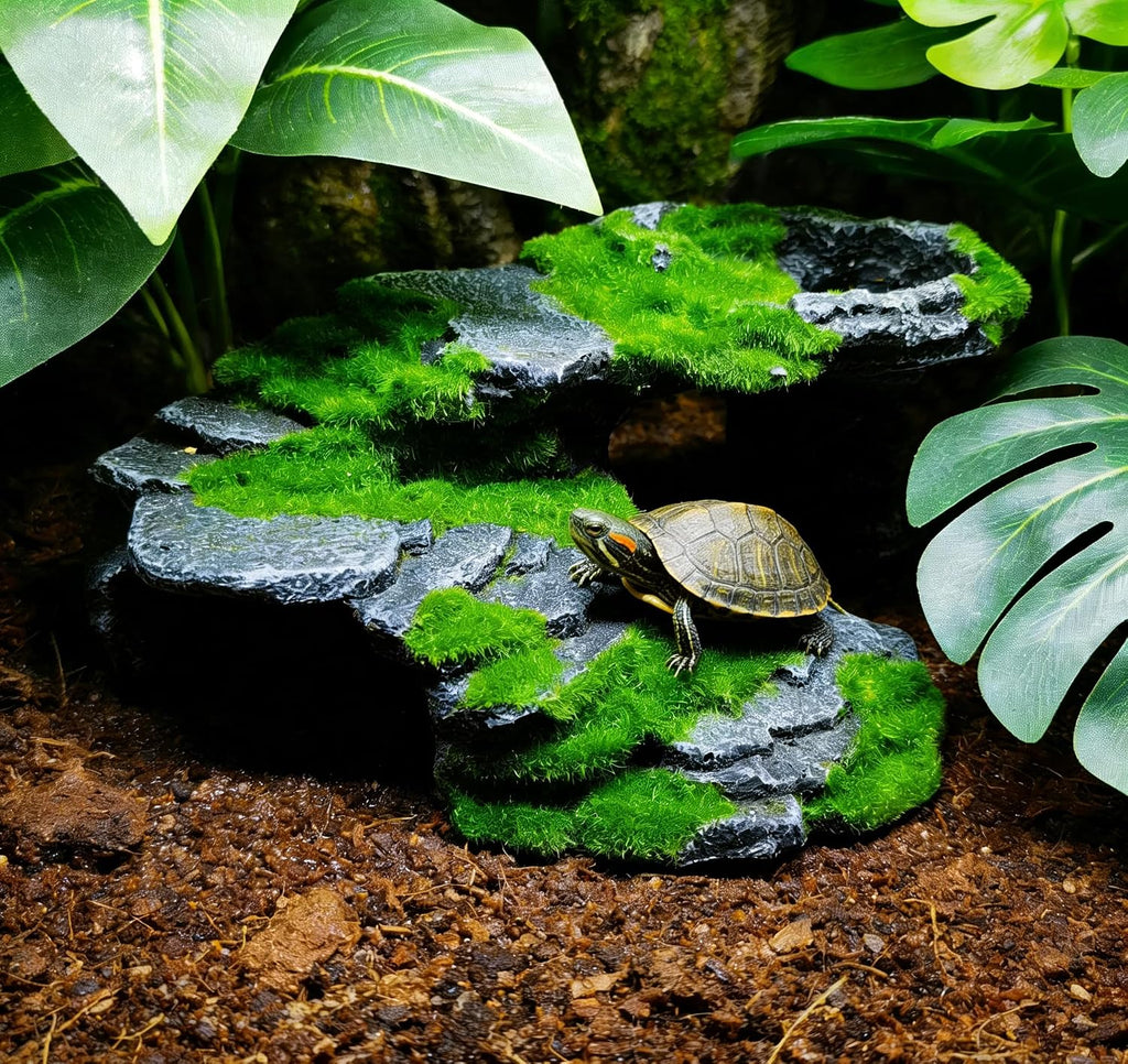 M2cbridge Reptile Hide Resting Step Ledge Cave Hideout Turtle Basking Platform – Great for Reptiles, Amphibians, and Fish (Moss Step Ledge B)